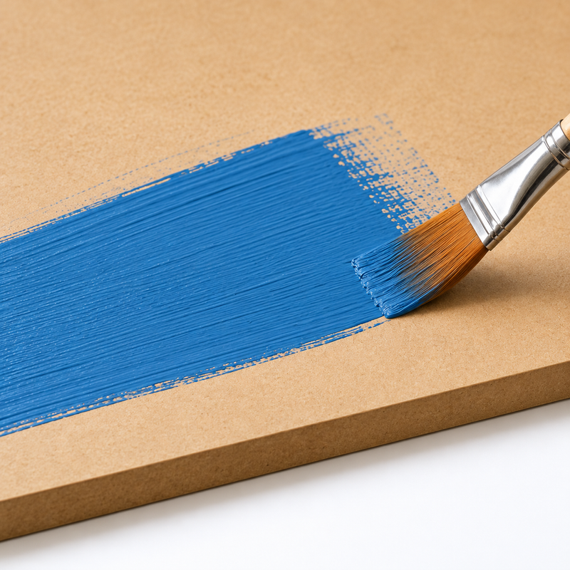 A close-up of a paintbrush applying bright blue paint in broad strokes onto a brown kraft paper surface.