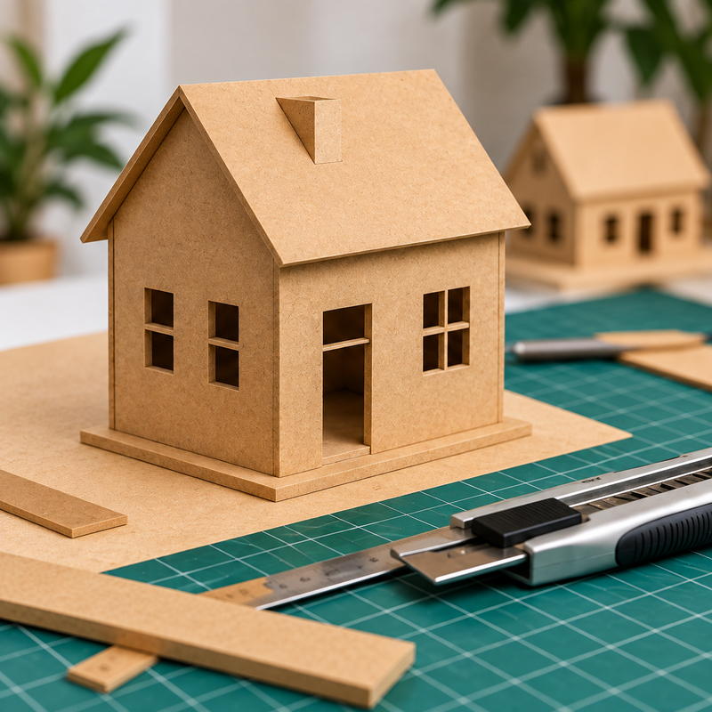 A small house-shaped cardboard model sits on a green cutting mat with a utility knife in the foreground and a second similar house blurred in the background.