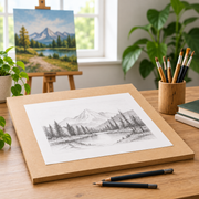 A framed black-and-white landscape sketch of mountains, trees, and a lake on a brown paper board, displayed on a wooden table in a bright art studio with pencils, books, and a real window in the background.