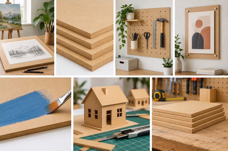 A collage of six photos showing natural wood craft supplies and finished projects: stacked plywood sheets, a framed abstract print on a wall, a pegboard with tools, a pencil sketch on an easel, a paintbrush applying blue paint, and small wooden house models on a workbench.