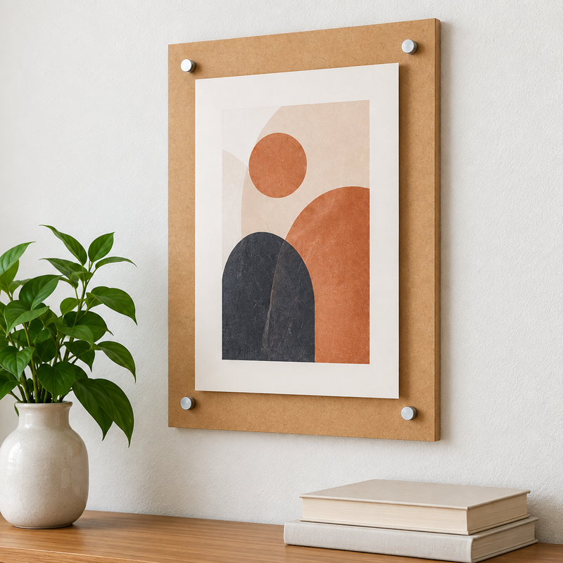 A framed abstract art print with a kraft paper border and white matting, hanging on a textured white wall above a wooden table with a potted plant and books.