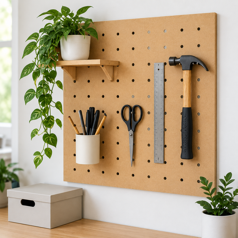 A natural wood pegboard mounted on a white wall, styled with a small wooden shelf, cup holder, hanging tools including a hammer, ruler, and scissors, plus potted green plants and a storage box.