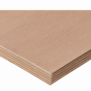 A close-up of a layered plywood sheet with a light brown wood grain finish, shown against a plain white background.