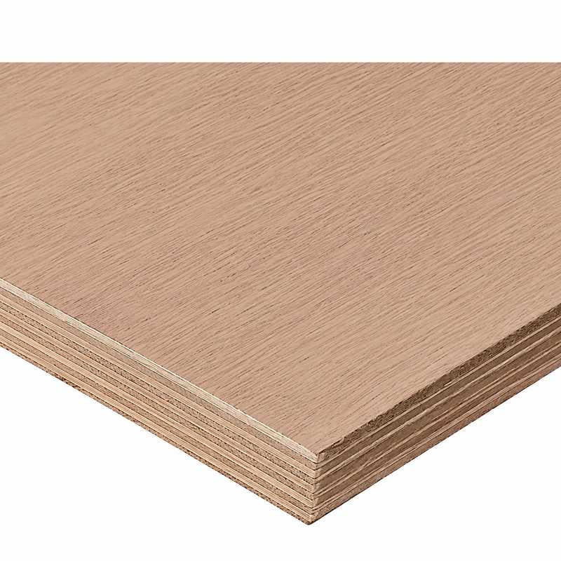 A close-up of a layered plywood sheet with a light brown wood grain finish, shown against a plain white background.