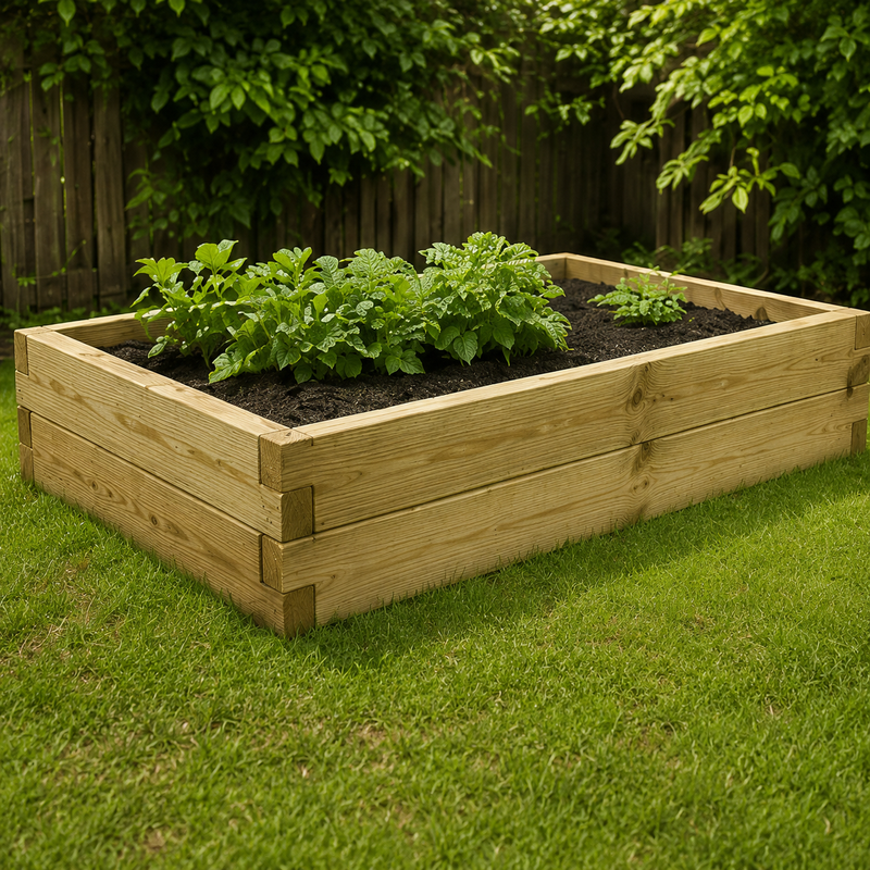 Wooden raised garden bed with plants on a grassy area