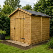 Wooden shed with a black roof in a garden setting