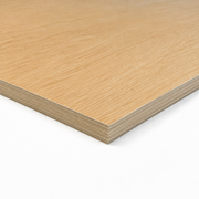 A close-up of a light oak plywood sheet showing its layered construction and natural wood grain texture, set against a plain white background.