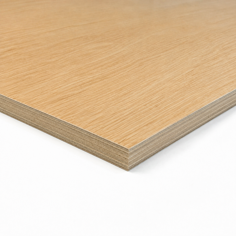A close-up of a light oak plywood sheet showing its layered construction and natural wood grain texture, set against a plain white background.