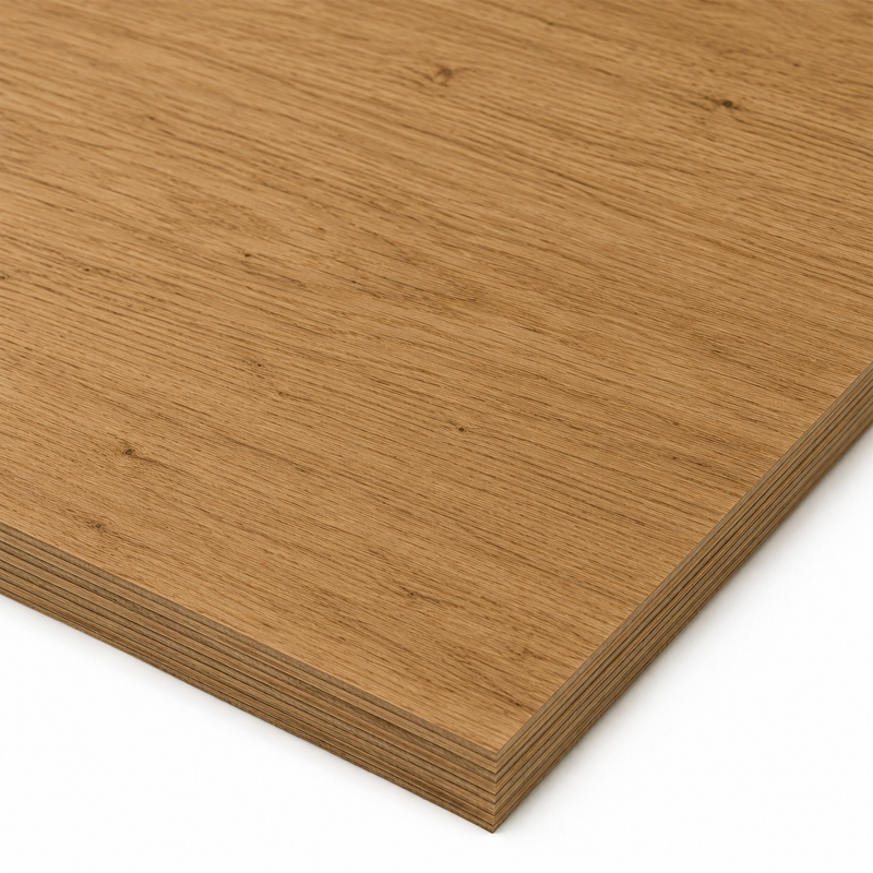 A close-up of a layered plywood sheet with a natural light brown wood grain finish, shown at an angle against a white background.
