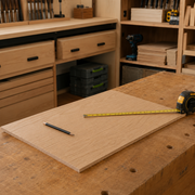 A light-colored wood panel or board laid on a wooden workbench in a workshop, with a tape measure, pencil, and tools visible around it.