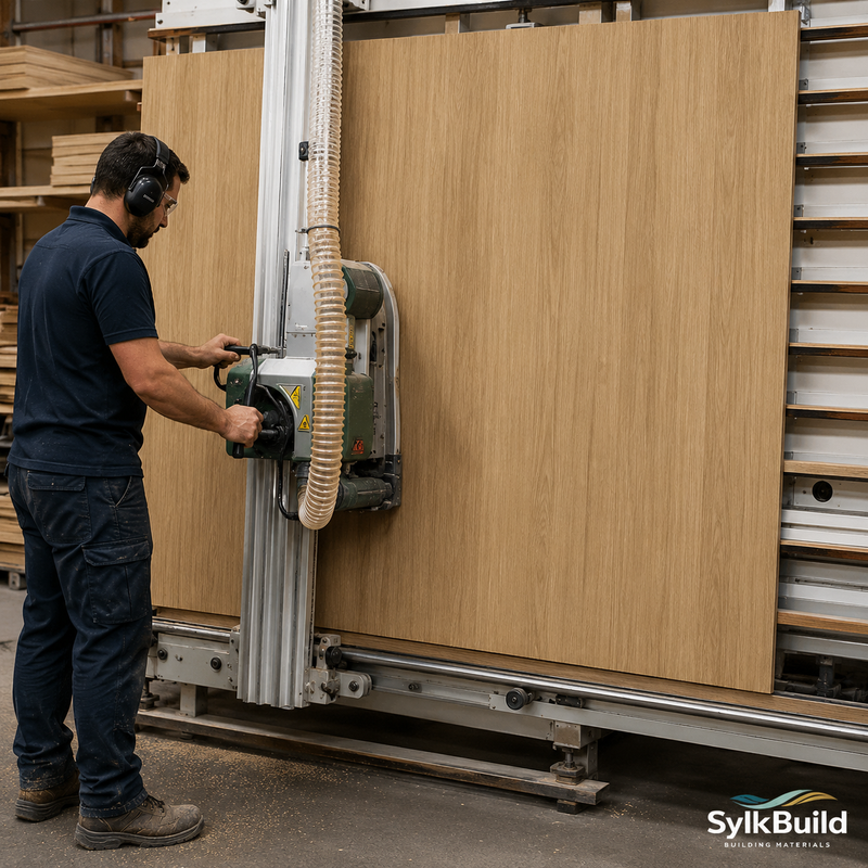Worker operating a machine on a large wooden panel in a workshop setting.