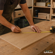 Person measuring wooden panels with a tape measure in a workshop setting.