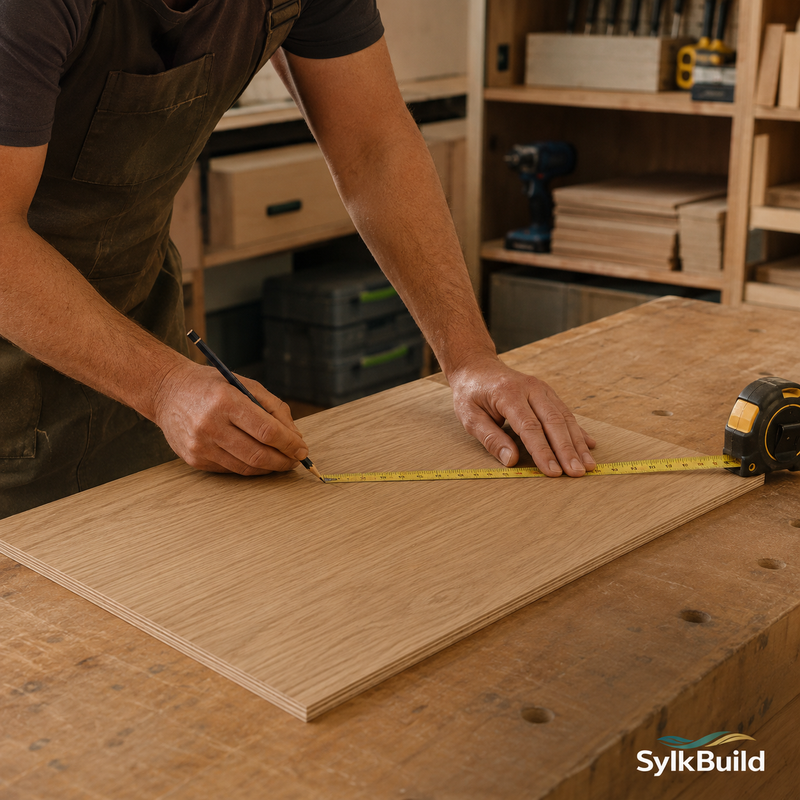 Person measuring wooden panels with a tape measure in a workshop setting.