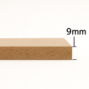 Wooden board with a thickness measurement of 9mm on a white background
