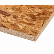 A close-up of an oriented strand board (OSB) wood panel showing its textured wood chip surface and layered edges, isolated on a white background.