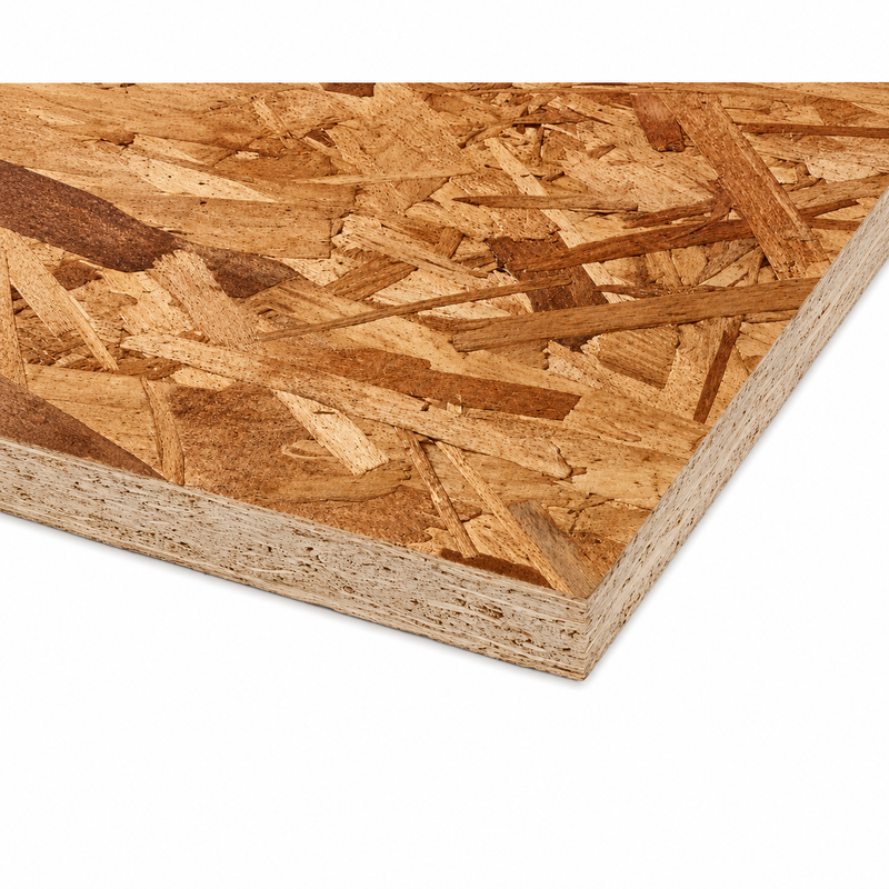 A close-up of an oriented strand board (OSB) wood panel showing its textured wood chip surface and layered edges, isolated on a white background.