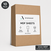 Pack of Arranwood MDF sheets with a label indicating 10 sheets, 2mm thickness, and A1 size.