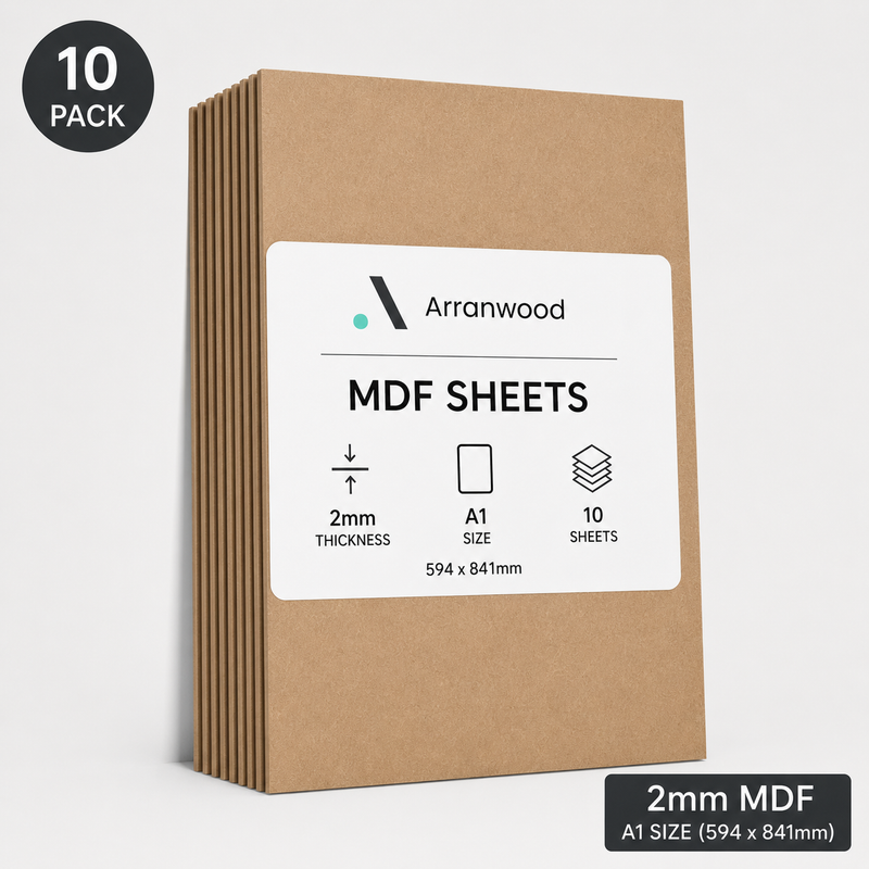 Pack of Arranwood MDF sheets with a label indicating 10 sheets, 2mm thickness, and A1 size.
