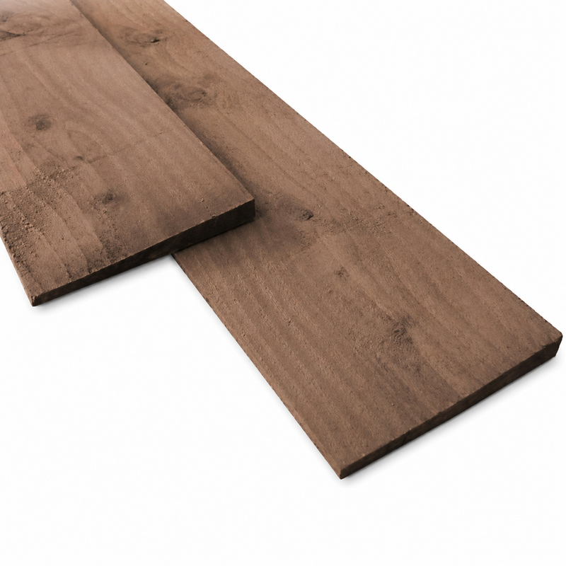 Two rectangular brown wood planks with visible grain and knots, overlapping on a plain white background.