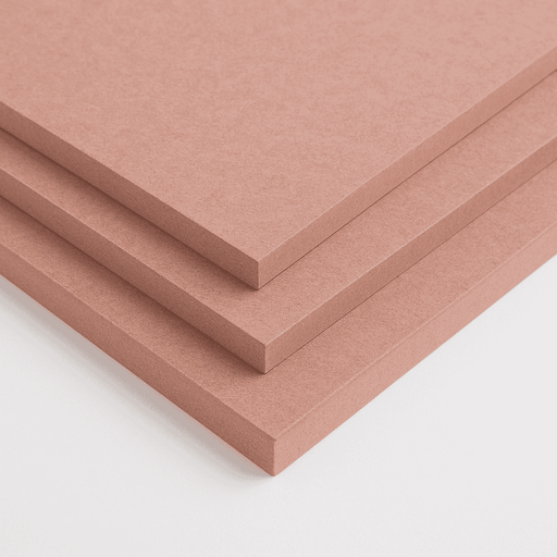 Three sheets of pink fire-rated MDF stacked on a white background