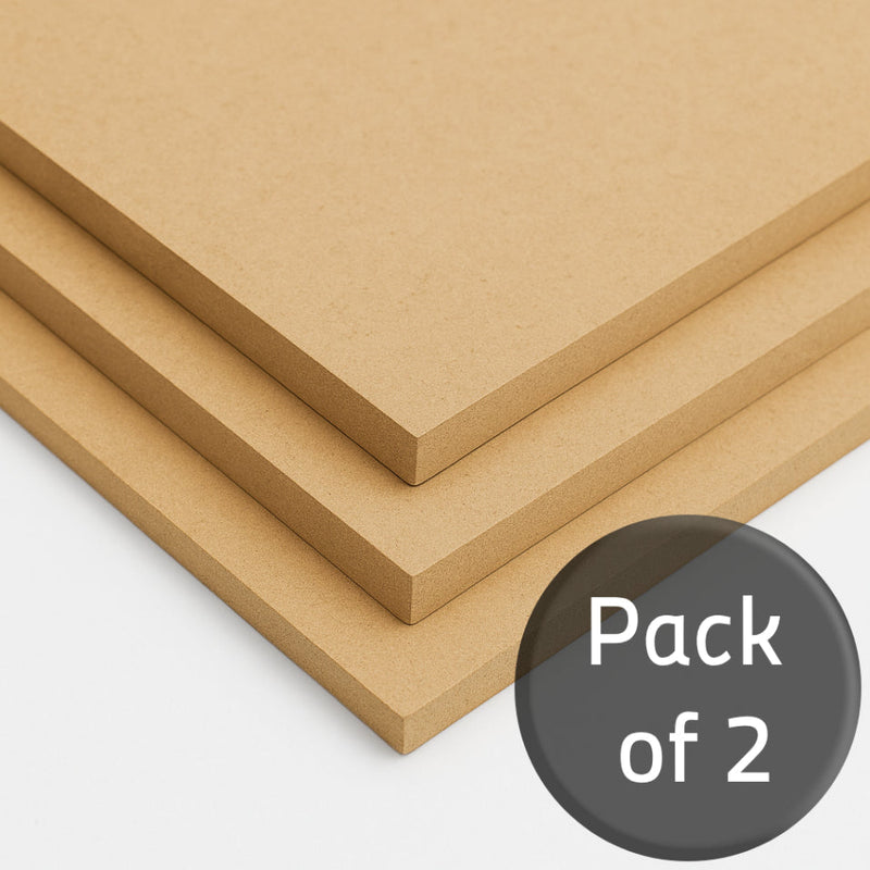 Three sheets of brown MDF with a 'Pack of 2' label on a white background