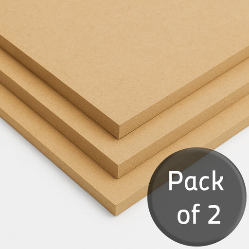 Three sheets of brown MDF with a 'Pack of 2' label on a white background