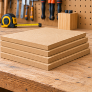 Four square brown particle board sheets stacked on a wooden workbench, with a workshop background showing a pegboard and tools.