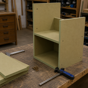 A partially assembled light wood furniture piece, likely a chair or stool, shown on a workbench in a workshop with drawers and shelves in the background. A stack of matching wood panels and a blue-and-black clamp sit nearby on the workbench.