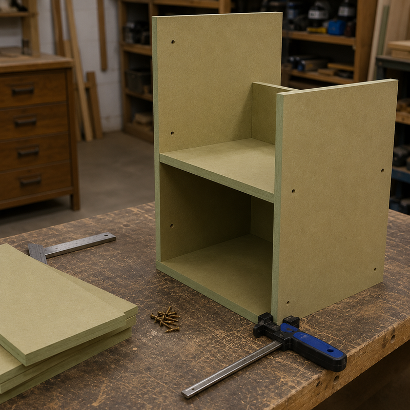 A partially assembled light wood furniture piece, likely a chair or stool, shown on a workbench in a workshop with drawers and shelves in the background. A stack of matching wood panels and a blue-and-black clamp sit nearby on the workbench.