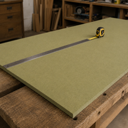 A large olive green sheet of material, likely plywood or a craft board, resting on a wooden workbench in a workshop setting. A metal ruler and a yellow tape measure are placed on top of the sheet.