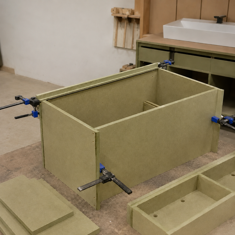 A rectangular wooden box or cabinet component being assembled with multiple blue and black clamps, shown in a workshop setting with other wood panels and a sink cabinet visible in the background.