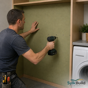 Person using a drill on a wall next to a washing machine with SylkBuild branding.