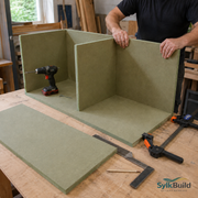 Person assembling a green foam board structure with tools on a workbench, SylkBuild logo visible.