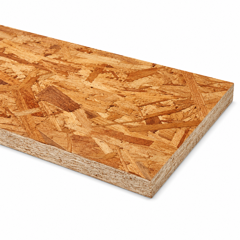 A rectangular OSB particle board sheet with a natural light brown wood grain pattern, shown at an angle on a white background.