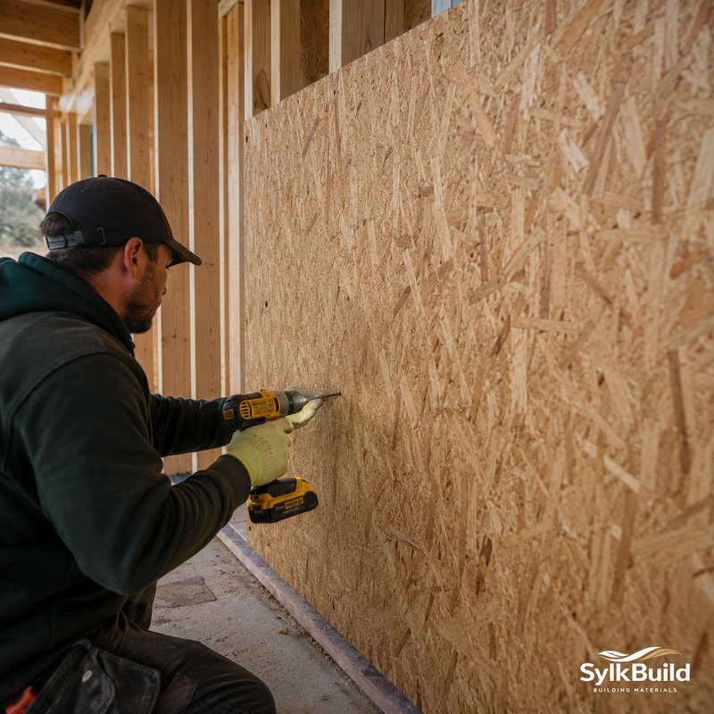 Person using a nail gun on OSB (oriented strand board) wall in a construction setting.