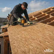 Person working on a roof with a nail gun, wearing a cap and gloves, with 'SylkBuild' branding.