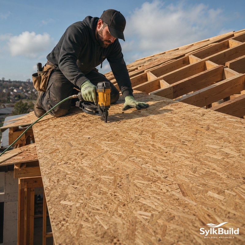 Person working on a roof with a nail gun, wearing a cap and gloves, with 'SylkBuild' branding.