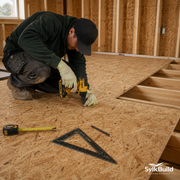 Person working on a construction project with tools on a wooden floor, featuring SylkBuild logo.