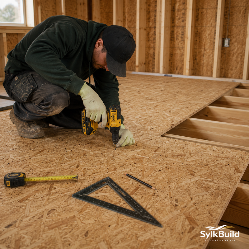 Person working on a construction project with tools on a wooden floor, featuring SylkBuild logo.