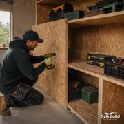 Person working on a wooden shelf in a workshop setting with tools and materials.