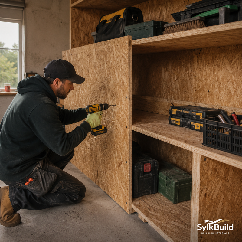Person working on a wooden shelf in a workshop setting with tools and materials.