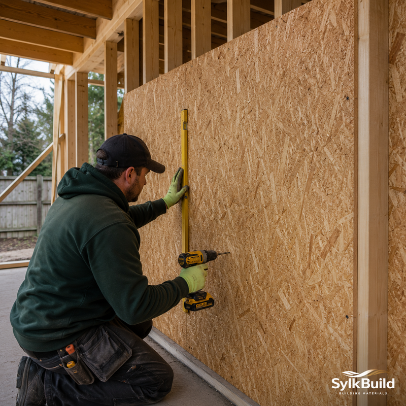 Person installing OSB panel on a building exterior with SylkBuild logo.