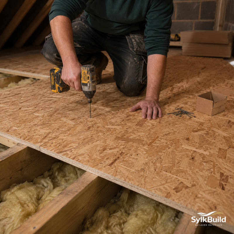 Person using a drill on OSB (oriented strand board) in a construction setting with SylkBuild branding.
