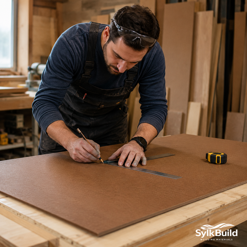 Man working with materials in a workshop setting, wearing protective goggles and an apron.