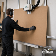 Person using a large sheet of cardboard with SylkBuild equipment in the background