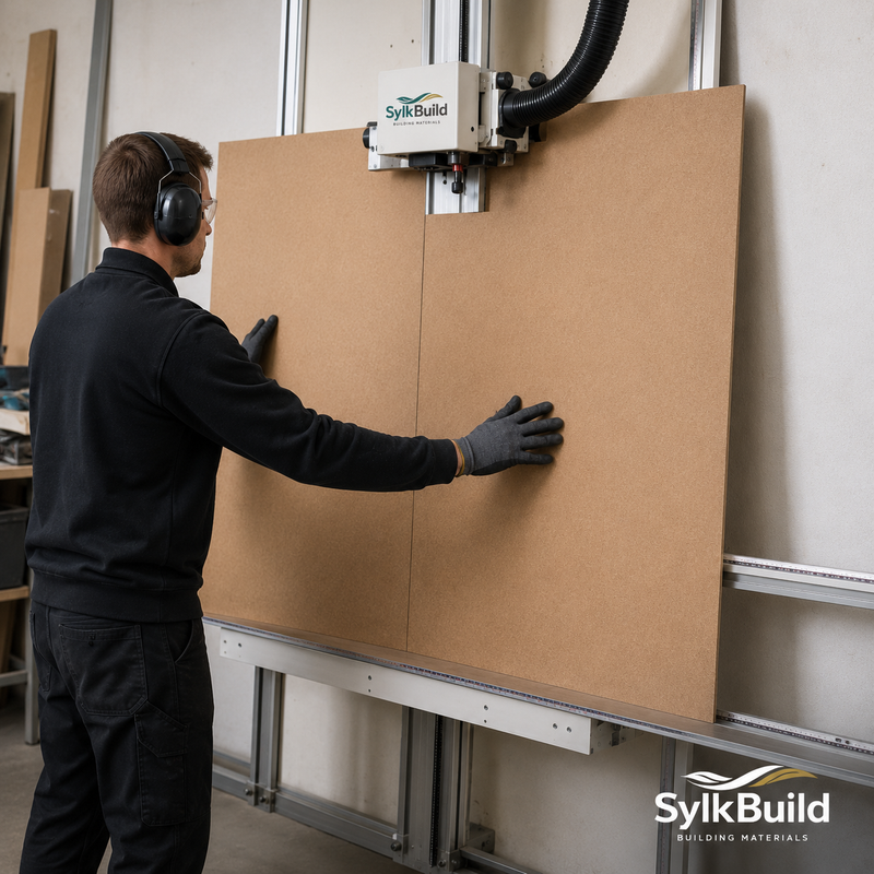 Person using a large sheet of cardboard with SylkBuild equipment in the background