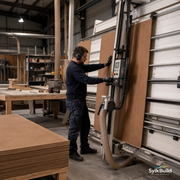 Worker operating a large machine in a warehouse setting with SylkBuild branding.