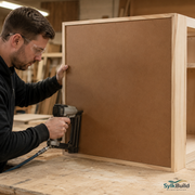 Man using a nail gun on a wooden cabinet in a workshop setting.