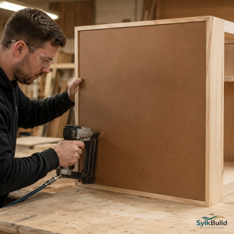 Man using a nail gun on a wooden cabinet in a workshop setting.