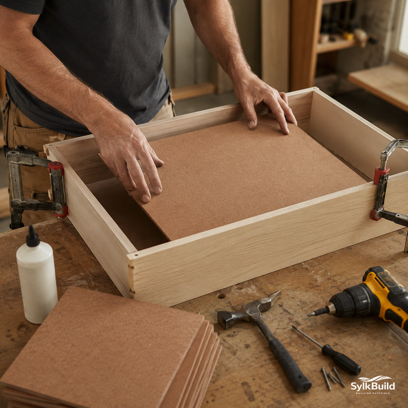Person assembling a wooden box with tools on a workbench, featuring SylkBuild branding.
